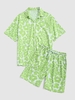 Floral Print Button Up Shirt and Pocket Shorts Set S Green peas