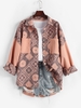 Floral Print Drop Shoulder Frayed Denim Shacket L Orange