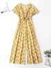 Floral Print Flutter Sleeve Flounce Wide Leg Jumpsuit M Yellow