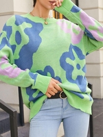 Flower Jacquard Drop Shoulder Loose Sweater S Green