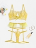 Flower Lace Ruffle Lace-up Garter Leg Ring Lingerie Set M Yellow