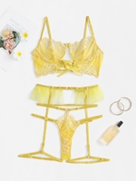 Flower Lace Ruffle Lace-up Garter Leg Ring Lingerie Set M Yellow