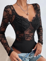 Flower Lace See Thru Cupped Bodysuit L Black