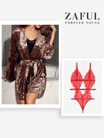 Flower Lace See Thru T Back Lingerie Teddy with Crushed Velvet Belted Nightwear Robe Red