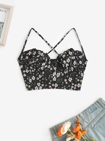 Flower Lace Up Corset Style Top Xl Black