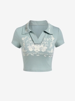 Flower Letter Print V Notched Crop Polo T Shirt L Light green