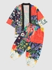 Flower Patchwork Print Kimono Cardigan Shirt And Cropped Baggy Pants 2xl Multi a