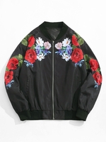 Flower Pattern Print Zip Up Bomber Jacket 2xl Black