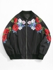 Flower Pattern Print Zip Up Bomber Jacket S Black
