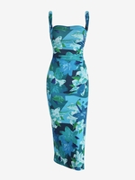 Flower Print Backless Slit Criss Cross Dress L Green