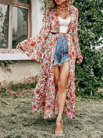 Flower Print Belted Flare Sleeve Maxi Top S Red