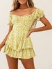 Flower Print Belted Off Shoulder Layered Wide Leg Romper M Yellow