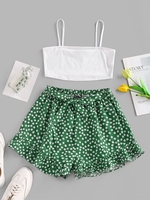 Flower Print Belted Ruffle Shorts Set M White