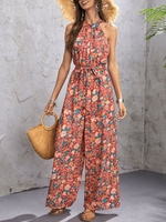 Flower Print Belted Wide Leg Jumpsuit M Deep red