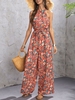 Flower Print Belted Wide Leg Jumpsuit S Deep red