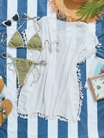 Flower Print Binding Textured Bikini Swimwear with Tassel Semi Sheer Cover Up Dress Light green