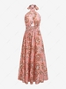 Flower Print Criss Cross Halter Smocked Waist Dress M Light pink
