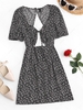 Flower Print Cutout Puff Sleeve Open Back Dress L Black