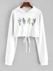 Flower Print Drawstring Pullover Crop Hoodie Xl White