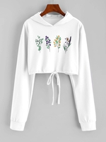 Flower Print Drawstring Pullover Crop Hoodie Xl White