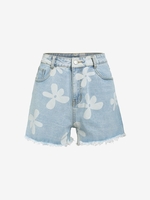 Flower Print Frayed Hem Denim Shorts L Light blue