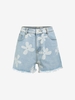 Flower Print Frayed Hem Denim Shorts M Light blue