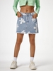 Flower Print Frayed Hem Mini Denim Skirt L Light blue