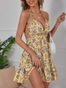 Flower Print Halter Backless Mini Dress S Yellow