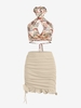Flower Print Halter Crop Tank Top and Fishtail Skirt Set Light coffee