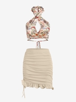 Flower Print Halter Crop Tank Top and Fishtail Skirt Set Light coffee