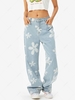 Flower Print High Waisted Baggy Jeans L Light blue