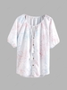 Flower Print Keyhole Buttons Lantern Sleeve Blouse S White