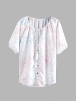 Flower Print Keyhole Buttons Lantern Sleeve Blouse S White