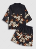 Flower Print Kimono And Drawstring Vacation Shorts Two Piece Set Black