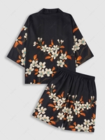 Flower Print Kimono And Drawstring Vacation Shorts Two Piece Set Black