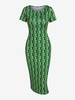 Flower Print Midi Bodycon Dress L Deep green