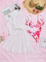 Flower Print Monowire Bikini Swimwear With Cover Up Dress Light pink