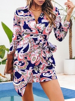 Flower Print Plunge Front Mini Asymmetric Dress L Deep blue