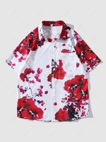 Flower Print Pocket Shirt L Red