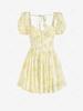 Flower Print Puff Sleeve Mock Button Mini Dress L Light yellow