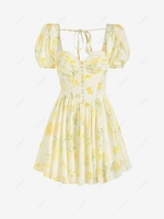 Flower Print Puff Sleeve Mock Button Mini Dress L Light yellow
