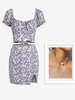 Flower Print Puff Sleeve Slit Mini Skirt Set and Faux Pearl Collarbone Necklace Light purple