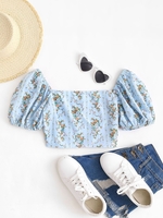 Flower Print Puff Sleeve Smocked Blouse L Light blue