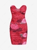 Flower Print Ruched Bandeau Dress L Red