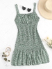 Flower Print Ruched Bust Smocked Mermaid Dress M Green