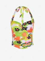Flower Print Ruched Halter Crop Tank Top L