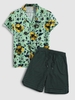 Flower Print Shirt and Checks Shorts Set Light green