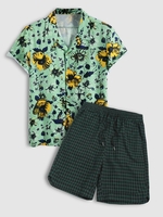 Flower Print Shirt and Checks Shorts Set Light green