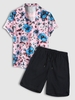 Flower Print Shirt and Striped Shorts Set Light pink