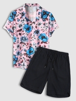 Flower Print Shirt and Striped Shorts Set Light pink